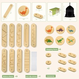 COSYLAND Wooden Balance Beam for Kids - 15 PCS Toddler Balance Beams and Stepping Stones - Sensory Balance Beam for Indoor Obstacle Course, Toys for Kids Age up 18 Months, Dinosaur
