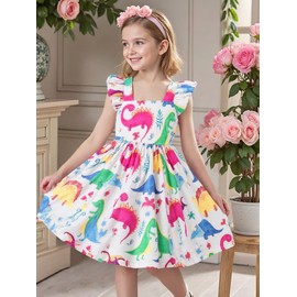 Popshion Dinosaur Dress Girls Ruffle Sleeve White Swing Animal Print Tank Sundress Toddler Summer Outfits Kids Dino Dresses 2-3 Years