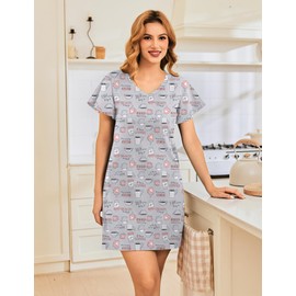 Ekouaer Womens Cotton Nightgowns Soft Short Sleeve Sleep Shirts Printed Night Shirts Night Dress Grey Coffee Print L