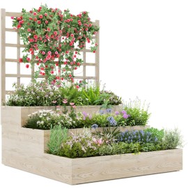Garvee Wooden Vertical Garden Planter Box With Trellis Outdoors 3Tier Raised Garden Bed