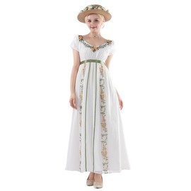 FCCAM Women's Regency Jane Austen Long Vintage Dress, Victorian Ball Gown with Gloves, Empire Waist Dress, Green 1252