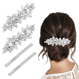 4Pcs Silver Rhinestones Pearl Hair Clips Set Sparkly Hair Barrettes Crystal French Hairpins Decorative Hair Accessories for Wedding Brides Bridesmaids