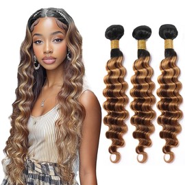 Niciitysi T1BP4/27 Human Hair Deep Wave Bundles 26 28 30 inch Double Weft Brazilian Hair Extensions Ombre 3 Tone Dark Brown and Color 27 Honey Blonde Bundles for Women