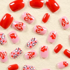 Valentines Press on Nails Medium Almond Fake Nails Pink Valentines False Nails with Heart Red Lips Designs Reusable Acrylic Nails Glossy Stick on Nails for Women 24Pcs