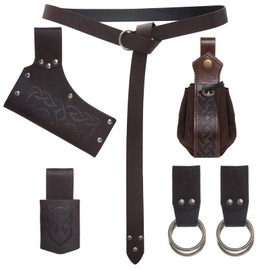 DXGSHSA 5 Pieces Renaissance Belt Medieval Viking Costume Accessories Pouch Skirt Sword Frog Viking Horn Belt Holster Brown