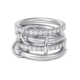 SLOONG Gold Stackable Rings for Women Non Tarnish, Dainty 18k Gold Plated CZ Cubic Zirconia Rings, Silver Rings Set, Multi-Link Connected Rings (Style 3)