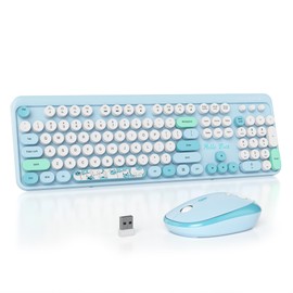 Mosptnspg 2.4G Colorful Keyboard, 104 Key Blue Wireless Customized Membrane Round keycaps Retro Typewriter Office Keyboard for PC/Mac/Laptop/Tablet/Computer Windows (Blue)