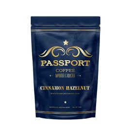 Passport Coffee Cinnamon Hazelnut – Medium roast blend from Colombia & Central America. Sweet & nutty flavored with rich aroma. Premium whole bean coffee, 12oz Bag