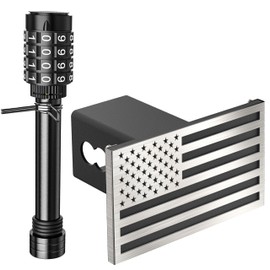 Synrroe Heavy Duty American Flag Hitch Cover & Keyless Hitch Lock Bundle | Fits standard 2" receivers. Aluminum structure with stainless steel face, rust-proof, anti-detachment, car wash tested.