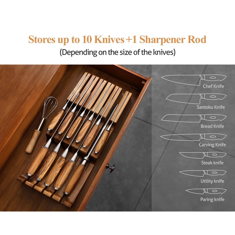 XINZUO In-drawer Knife Block, Natural Acacia Knife Drawer Oganizer, Insert-Kitchen