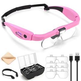 GUOUBUO Magnifying Glass with Light, 1.5X-5.0X Magnifying Glasses, Rechargeable Magnifier Headset with Light, Head Magnifier with 4 Detachable Lenses, Magnify Glasses for Close Work Crafts Jewelry