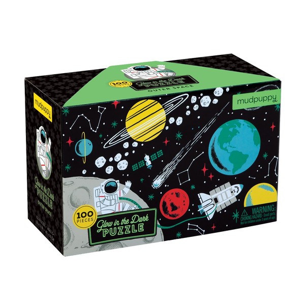 Mudpuppy Outer Space Glow-in-the-Dark Puzzle, 100 Pieces, 18”x12”, Made for Kids Age 5+, Illustrations of Planets, Stars, Spaceships and More, Award-Winning Glow in the Dark Puzzle