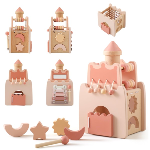 Mamimami Home Puzzle Shape Matching Inlay Castle Wooden Puzzle Box Montesorri Toy Shape Recognition Finger Play Educational Toy for Kids Girls Birthday Gift