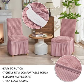 NICEEC High Stretch Chair Covers for Dining Chairs Covers Set of 6 Removable Dining Room Chair Covers with Skirt Spandex Parson Chair Slipcovers Protector for Kitchen Wedding Party Banquet(Pink)