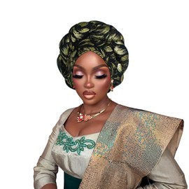 Nigerian headwear for Women African headscar,Auto Gele headband,hand wrap beaded - made for weddings parties events (Black, One size)
