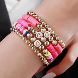 COLORFUL BLING 5-12Pcs Bohemian Love Heart Bead Bracelets for Women Vinyl Disc Heishi Surfer Stackable Stretch Bracelet Summer Beach Boho Jewelry-5pcs pink