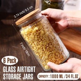 Domensi 6 Pack 34 oz Vintage Glass Storage Jars with Wooden Lids Airtight Cute Cookie Jars Food Storage Containers for Decorative Desk Kitchen Office Pantry Candy Coffee Tea Bean Flour Oats