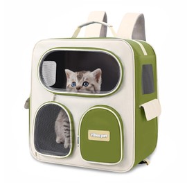 Breathable Cat Carrier Large Cat Backpack Carrier, Soft Pet Carrier for Large Cats and Small Dogs up to 22 Lbs, Multiple Pockets Collapsible Cat Carrier for Travel Hiking（Green）