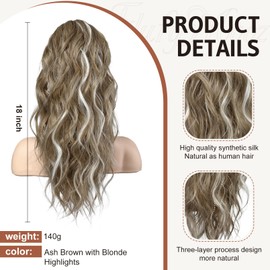 FLUFYMOOZ Ponytail Extension, 18 Inch Claw Clip Ponytail Extension, Wavy Curly Claw Clip in Ponytail Hair Extensions, Natural Ponytail Synthetic Hairpiece for Women (Ash Brown with Blonde Highlights)