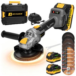 JEXUGK Cordless Angle Grinder 5 Inch, 10000RPM Brushless Motor Cordless Grinder Tool with 2x6.0Ah Batteries, 21V Electric Angle Grinder Portable with 5 Discs, for Metal Cutting, Auto Body, DIY