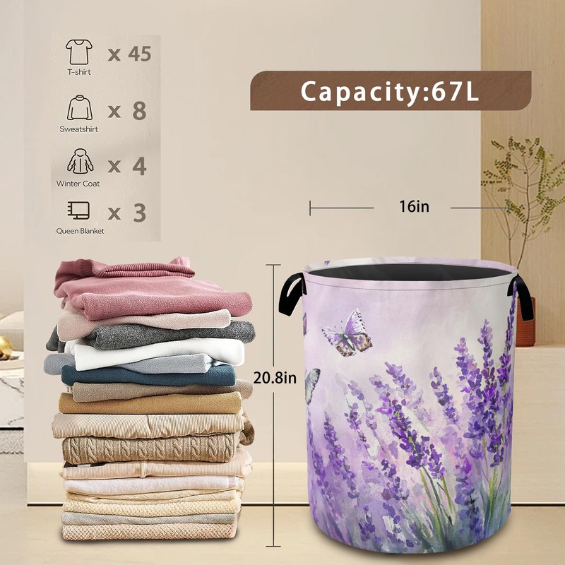 Laundry Hamper,Purple Lavender Laundry Basket,Butterfly Waterproof Oxford Cloth Storage Basket
