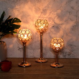 OwnMy Set of 3 Gold Crystal Bowl Candlestick Holders Metal Crystal Tealight Candelabras, Tall Crystal Votive Candlesticks Elegant Crystal Candle Stand for Dining Table Centerpiece Wedding Candle Decor