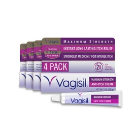 Vagisil Maximum Strength Feminine Anti-Itch Cream with Benzocaine for Women, Helps Relieve Yeast Infection Irritation, Gynecologist Tested, Fast-acting, Soothes and Cools Skin, 1 oz (Pack of 4)