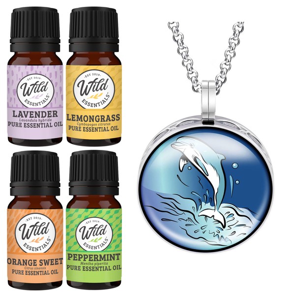 Wild Essentials Dolphin Necklace Essential Oil Diffuser Kit with Lavender, Lemongrass, Peppermint, Orange Oils, 8 Refill Pads, Calming Aromatherapy Gift Set, Customizable, Perfume