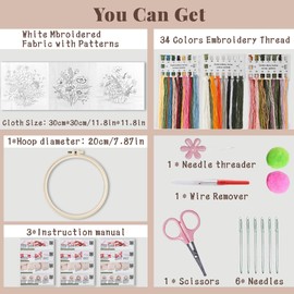 Aucuu 3 Flower Pattern Sets, Hand Embroidery Kit, Embroidery Starter Kits, Includes 3 Patterned Embroidery Cloths, Threads, 3 Paper Instructions, 6 Needles,1 Hoop,other accessories and Video tutorials