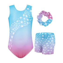 JiAmy Gymnastics Leotards for Girls, 3Pcs Sleeveless Athletic Outfit Sparkly Dance Unitards with Shorts Ballet Biketards Blue Stars 3-4 Years
