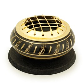 Prabhuji's Gifts Brass Burner Black Bowl Feather Engraving net top 1.25" Hx2.5 D
