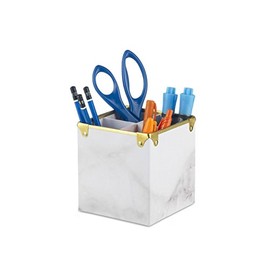 Design Ideas Marbella Pencil Cup, Paperboard and Metal Trim Pencil Holder, White Marble Pattern/Brass