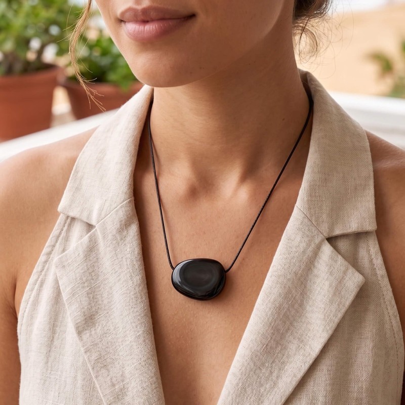 Sunongxin Natural Obsidian Pebble Pendant Necklace