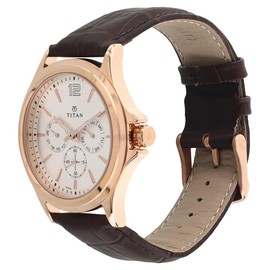 TITAN Workwear Men’s Chronograph Watch | Quartz, Water Resistant, Leather Band | Brown Band and White Dial, White, Chronograph