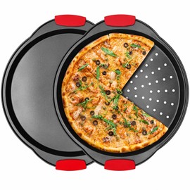 NBFTLTOP Pizza Pan 12 Inch for Oven, Pizza Steel Pan with Heat-insulating Silicone Handle, Nonstick Pizza Tray with Holes and No Holes Set,Round Pizza Baking Pan 2pcs,Gray