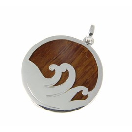 Arthur's Jewelry Koa Wood Hawaiian Scroll Ocean Surf Wave Circle Rhodium Plated Brass Reversible Pendant