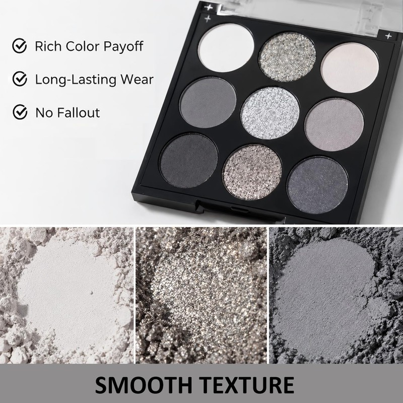 Smoky Grey Eyeshadow Palette Silver Glitter Cool-Toned Eye Makeup
