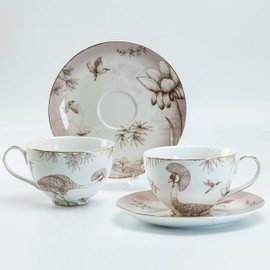 Gracie China Ming Dynasty Lotus Garden Bird Teacups with Saucers, Set of 2. 8-ounce(Tea) Gold