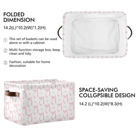 Wamika Pink Ribbon Bow Storage Basket with Waterproof Liner and PU Handles White Bow Tie Cute Storage Bins Boxes 14.2" Collapsible Decorative Organizer Baskets for Bedroom Closet Office 1 Pack