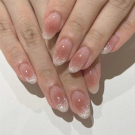 Almond Press on Nails Medium Nude Pink Fake Nails Glitter Full Cover False Nails Acrylic Nails Glossy Glue on Nails Stick on Nails for Women and Girls