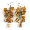 Mustard Yellow Shell Composite Cluster Dangle Earrings in Silver Tone