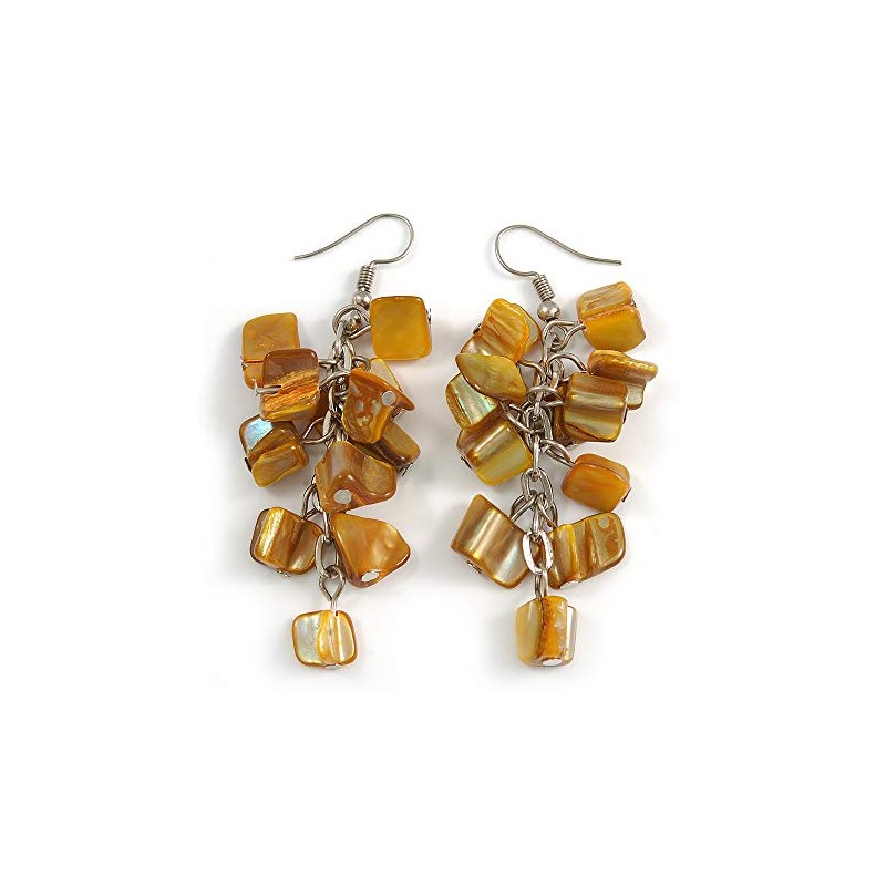 Mustard Yellow Shell Composite Cluster Dangle Earrings in Silver Tone
