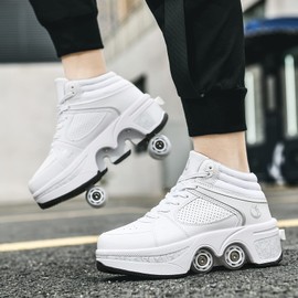 Roller Skate Shoes for Women Four Rounds Children's Roller Skates Shoes That Turn into Rollerskates Sneakers Outdoor Light Shoes with Wheels for Girls/Boys (White NO Light, US 5.5)