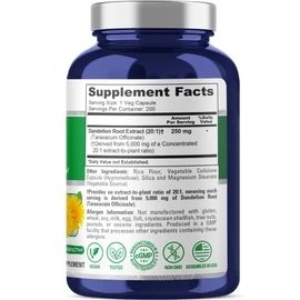 NusaPure Dandelion Root 20:1 Extract, 250 mg Equivalent to 5000mg 200 Veg Capsules (Vegan, Non-GMO)