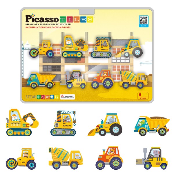 PicassoTiles 8pc Magnet Building Tile Blocks Addon 8 Magnetized Action Figures Construction Vehicle Zoo Animal Theme Compatible with Magnetic Build Tiles Playset STEM Learning Girls Boys Ages 3+ PTA21