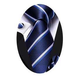 Hi-Tie Mens Navy Blue and White Striped Tie Woven Silk Necktie and Pocket Square Cufflinks