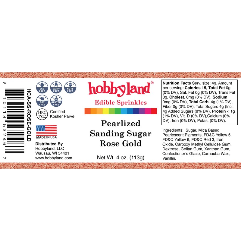 Hobbyland Edible Sprinkles, Pearlized Sanding Sugar, 4 Oz (Rose Gold)