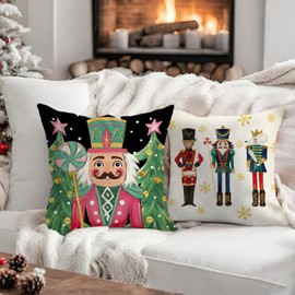 Fahrendom Christmas Nutcracker Decorative Throw Pillow Covers 18 x 18 Set of 4, Green Xmas Tree Peppermint Candy Porch Patio Outdoor Pillowcase, Winter Sofa Couch Cushion Case Home Decor