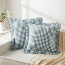 KKJIAF Ruffle Plaid Euro Sham Pillow Covers 20 x 20 Inches, Cotton Gingham Pillow Cases Set of 2, Ruffled Plaid Pillow Shams with Envelope Closure for Sofa Bed (Dusty Blue Plaid)