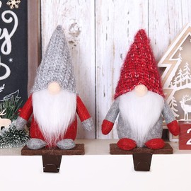 GMOEGEFT Christmas Stocking Holder Set of 2 Gnome Stocking Stand Hangers with Plush Gnomes for Fireplace Mantel Stocking Hanging Hanger Holiday Decorations (Red & Grey)